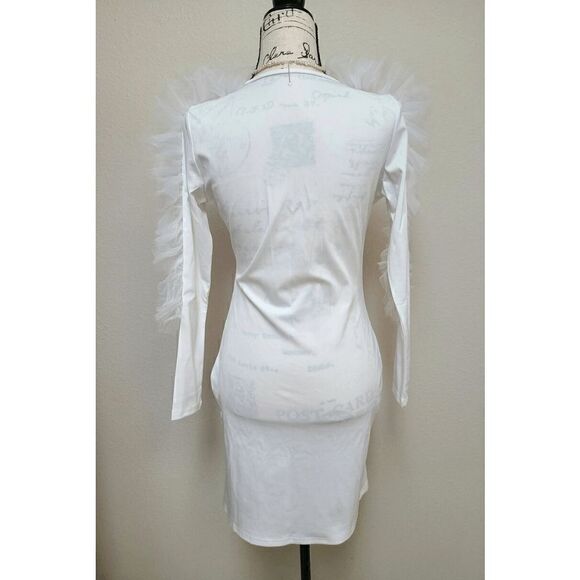 🤍 Deep V-Neck Cleavage Flounce Ruffle Bodycon Party Mini White Dress SIZE M NEW - Picture 12 of 15